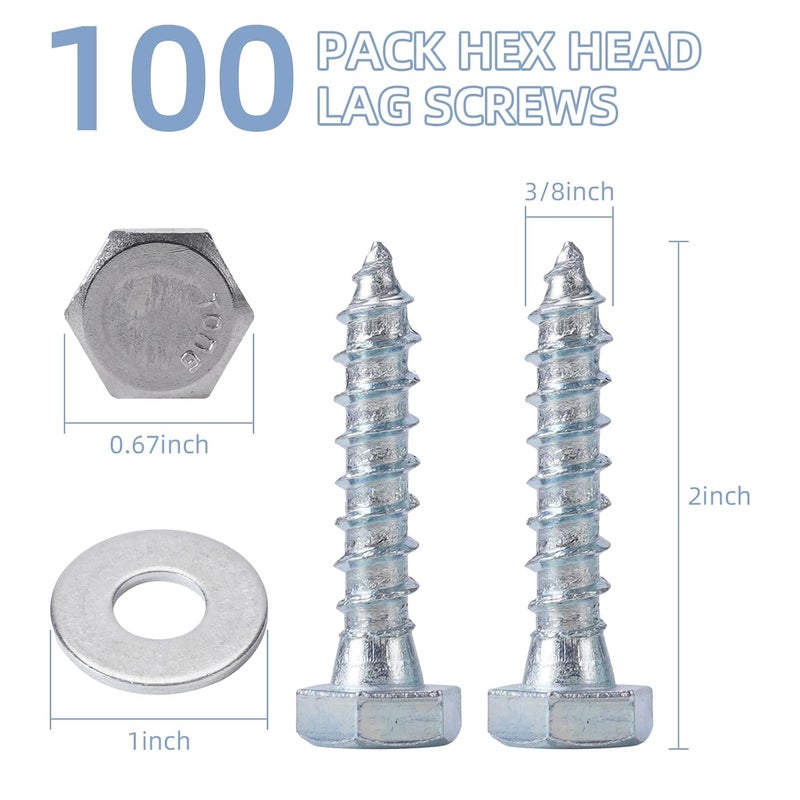 AiVeUao 100 Pack Wood Lag Screws, 3/8" x 2" Hex Head Lag Bolts, Heavy Duty Hex Head Lag Screws, Wood Screw with Washers - Image 2